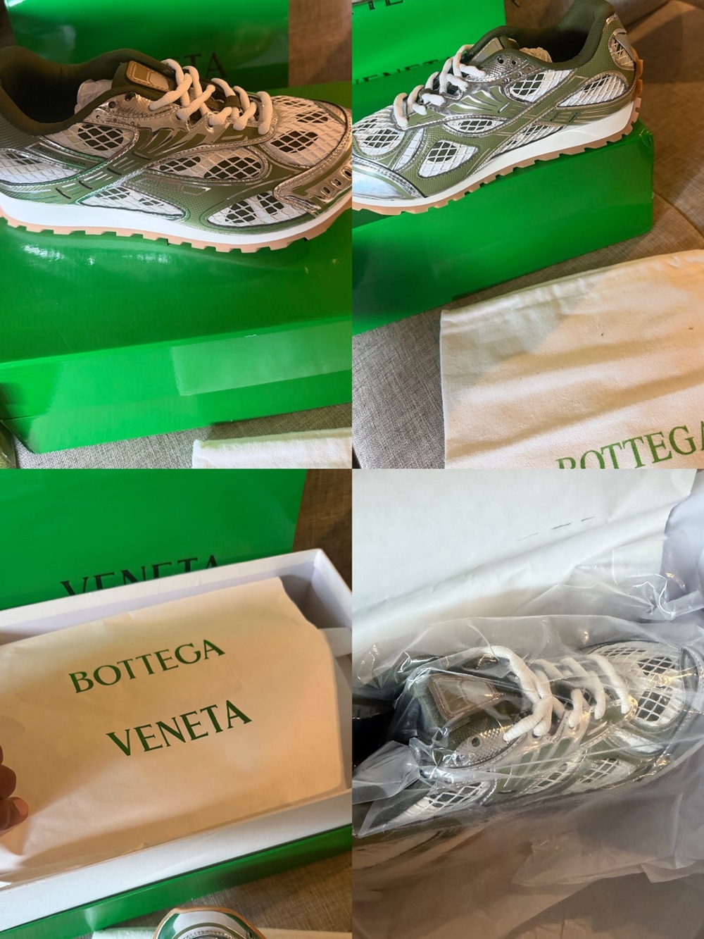 Bottega Veneta Olive Green & White Mesh Sneakers